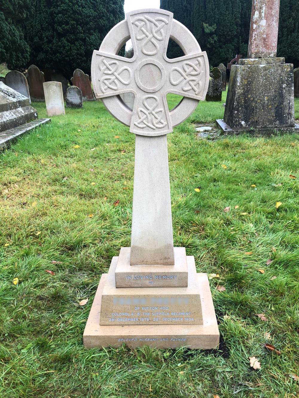 York stone carved Celtic Cross upon blocks.