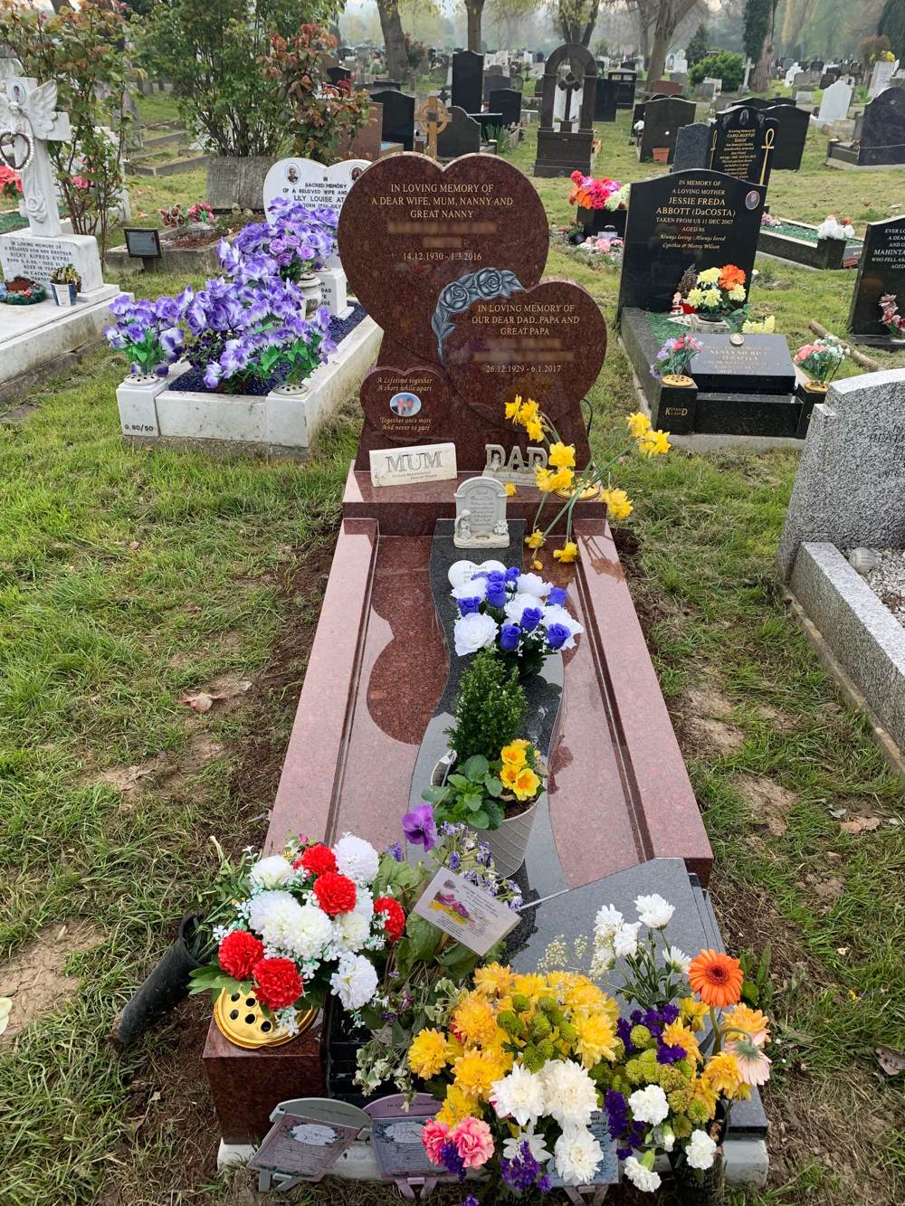 Ruby Red Granite Triple Heart Head stone with hand carved roses, cover slab and Glenaby Grey Granite winding path and steps.
