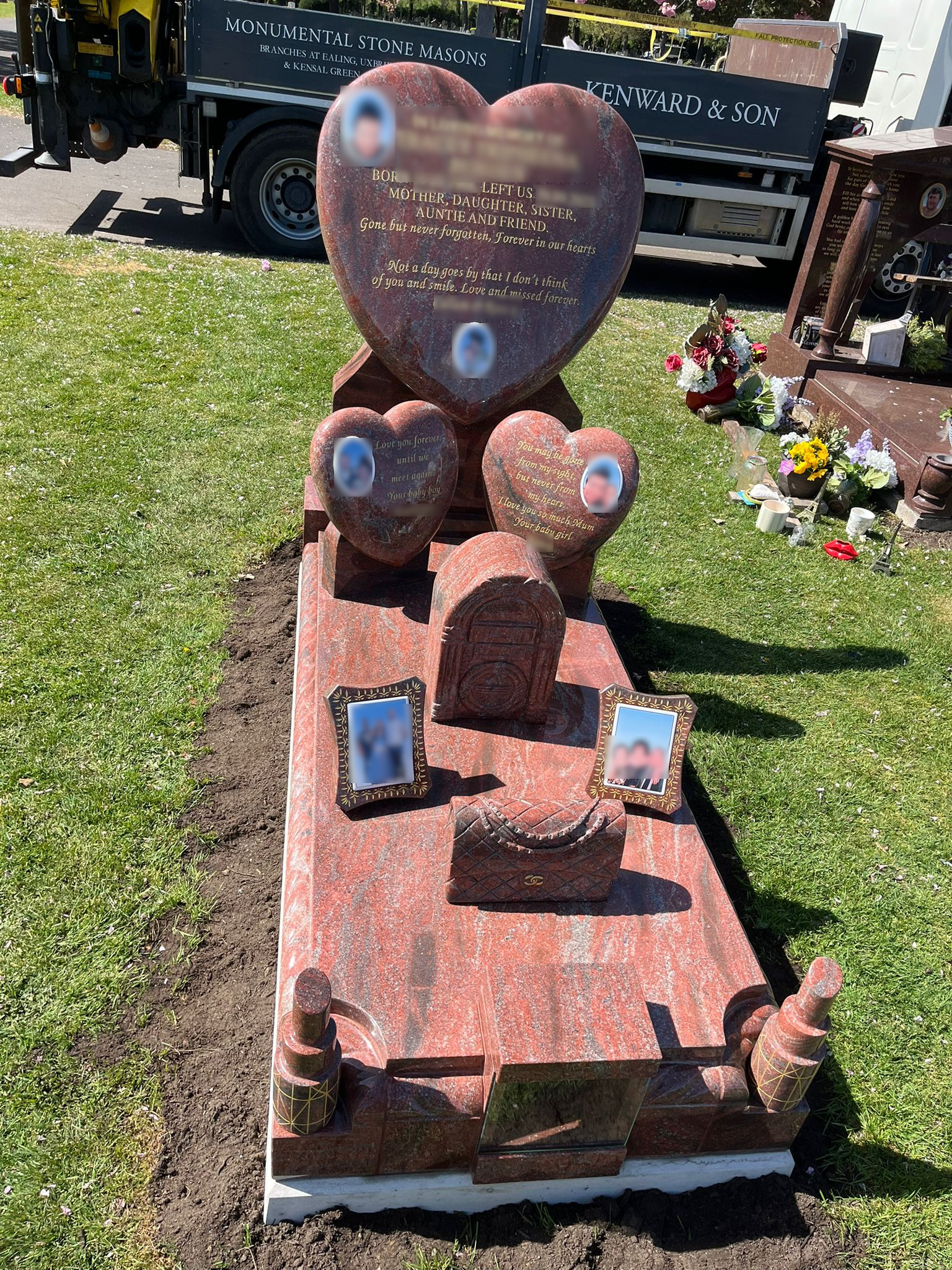 Bespoke memorial with multiple custom photos and carvings including jukebox, handbag and lipstick.